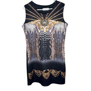 Second Skin NYC women's black gold rhinestone sleeveless animal print tunic size